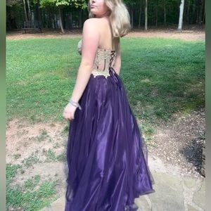 Purple and gold corset top strapless full length dress for Prom or Quinceanera